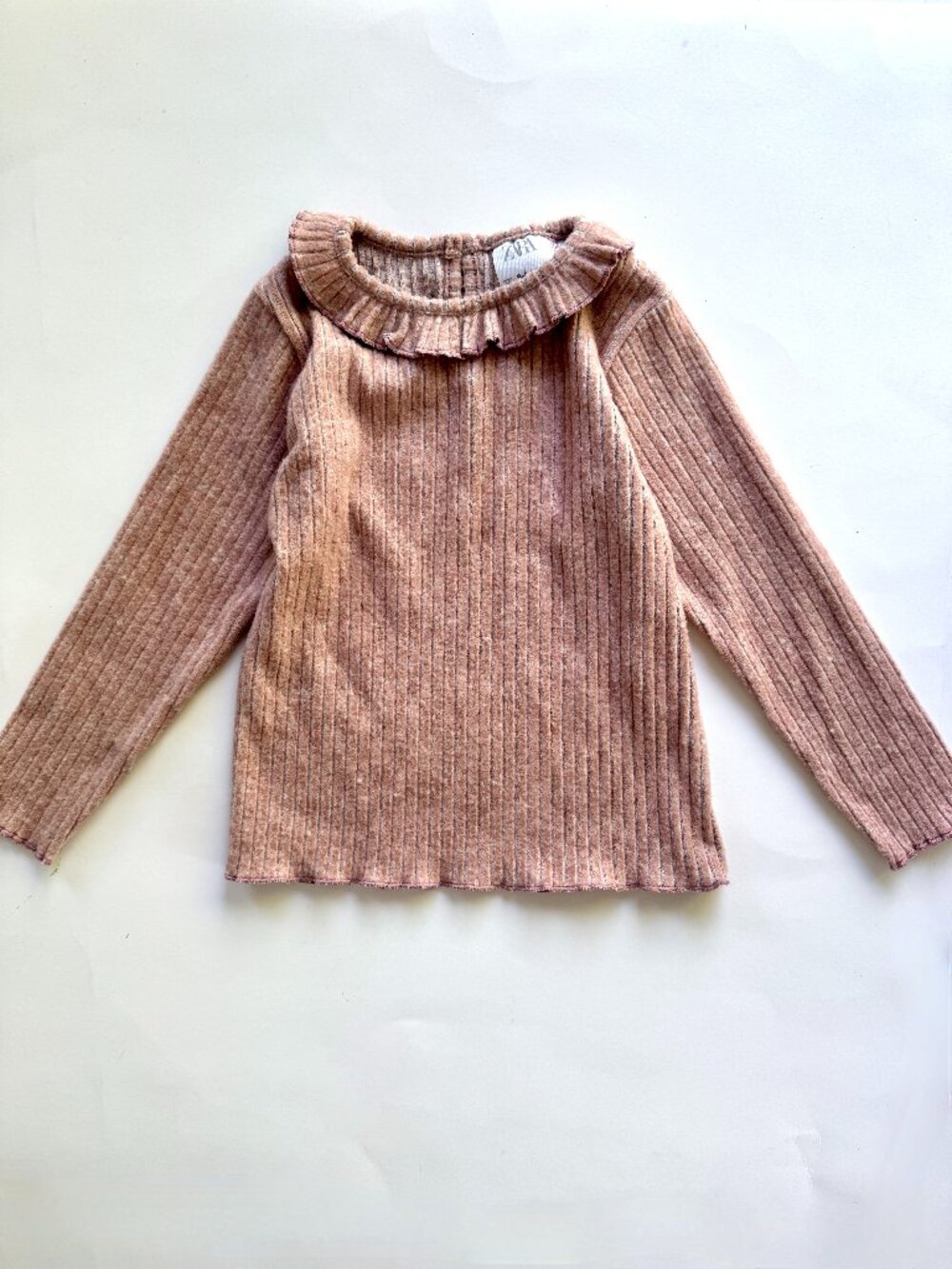 Zara Girls Ruffle Collar Ribbed Knit Top Dusty Rose 3-4Y